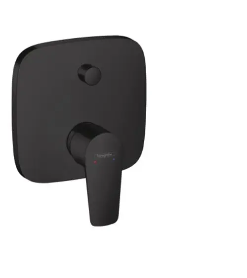 Schwarzer Einhebel-Wannenmischer mit runder Griffschaltung und integrierter Sicherungskombination. Hansgrohe Design für Unterputzmontage.